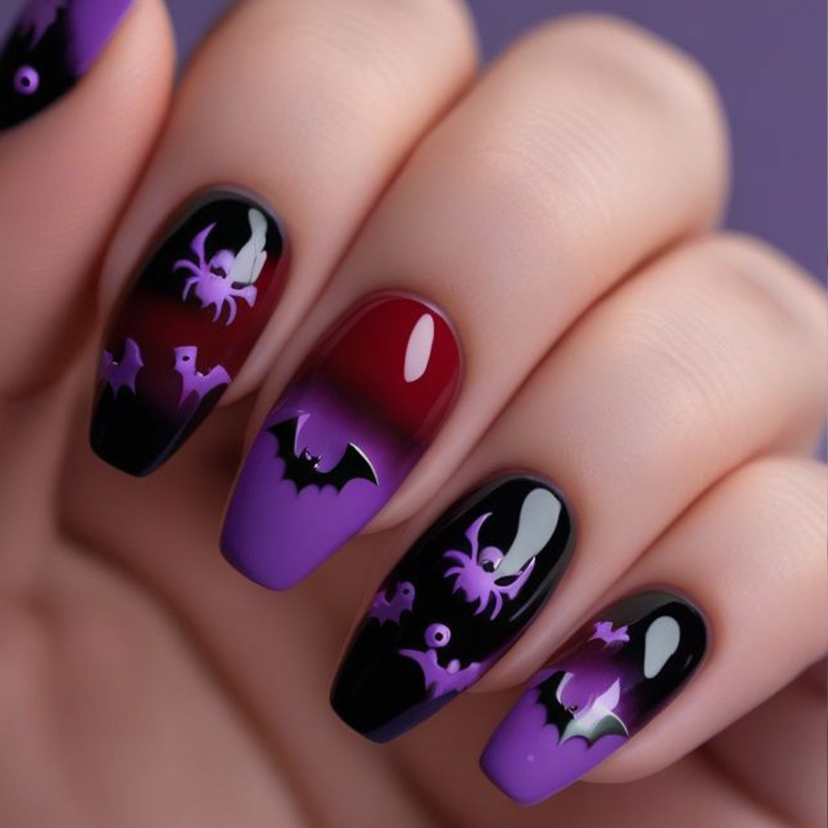 Spooky Elegance Medium Coffin Purple Ombre with Halloween Nail Art
