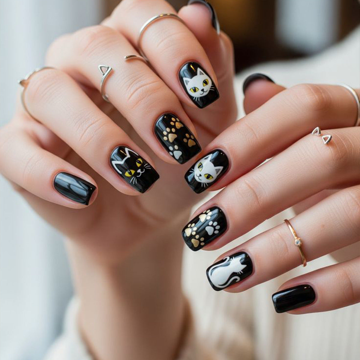 Whimsical Cat-Themed Short Square Black Press-On Nail Set with Adorable Paw and Cat Designs