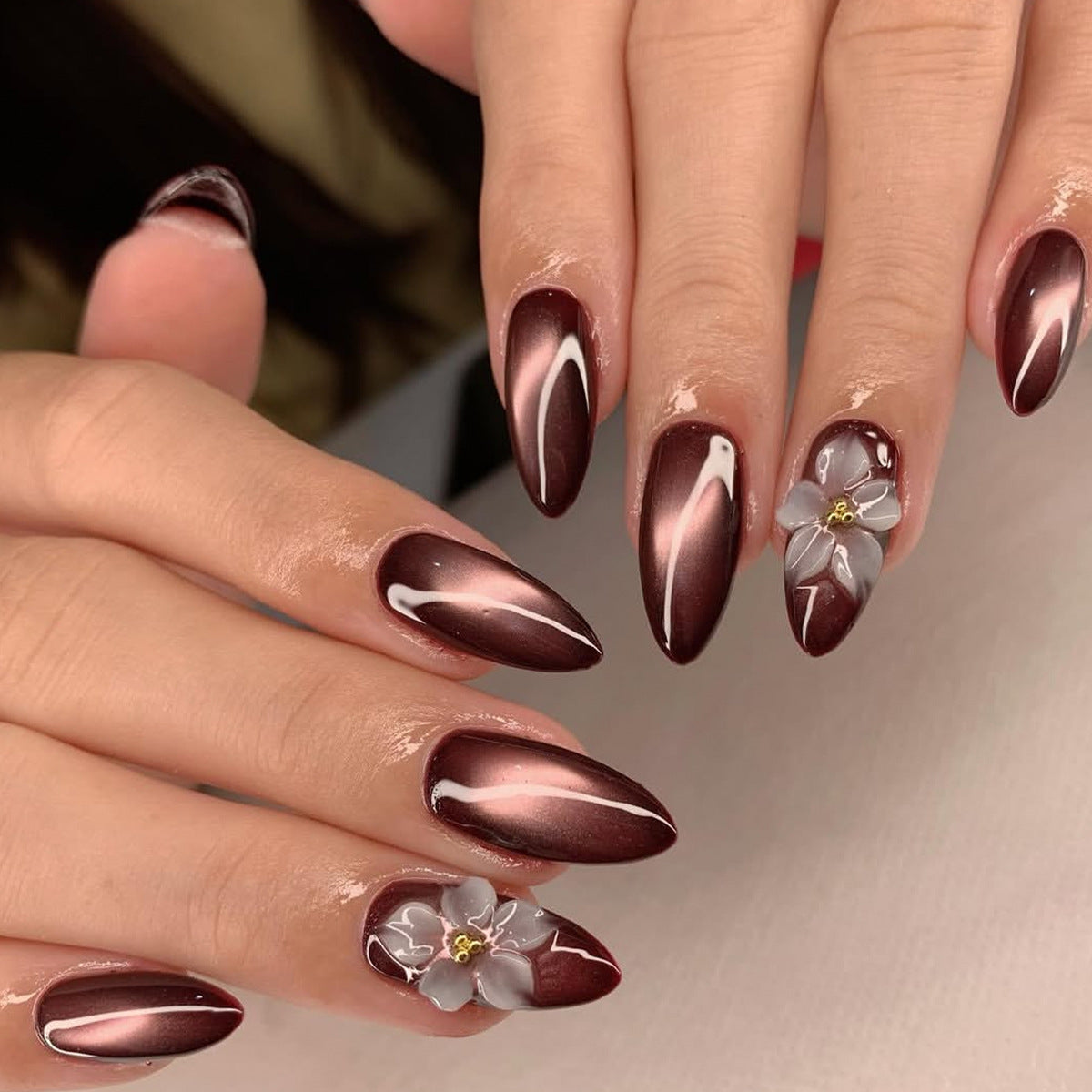 Elegant Floral Fantasy Long Almond Burgundy with Unique Floral Accents Press On Nail Set