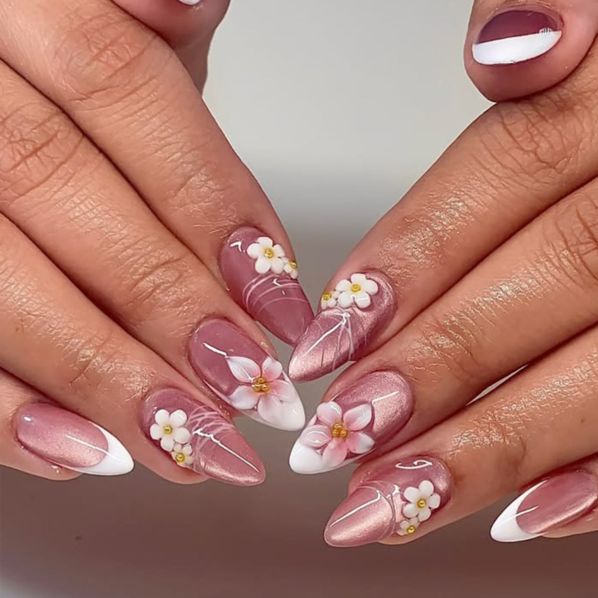 Blossoming Elegance Medium Stiletto Pink with Floral Accents Press on Nail Set