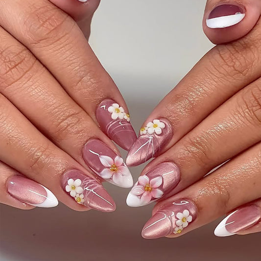 Blossoming Elegance Medium Stiletto Pink with Floral Accents Press on Nail Set