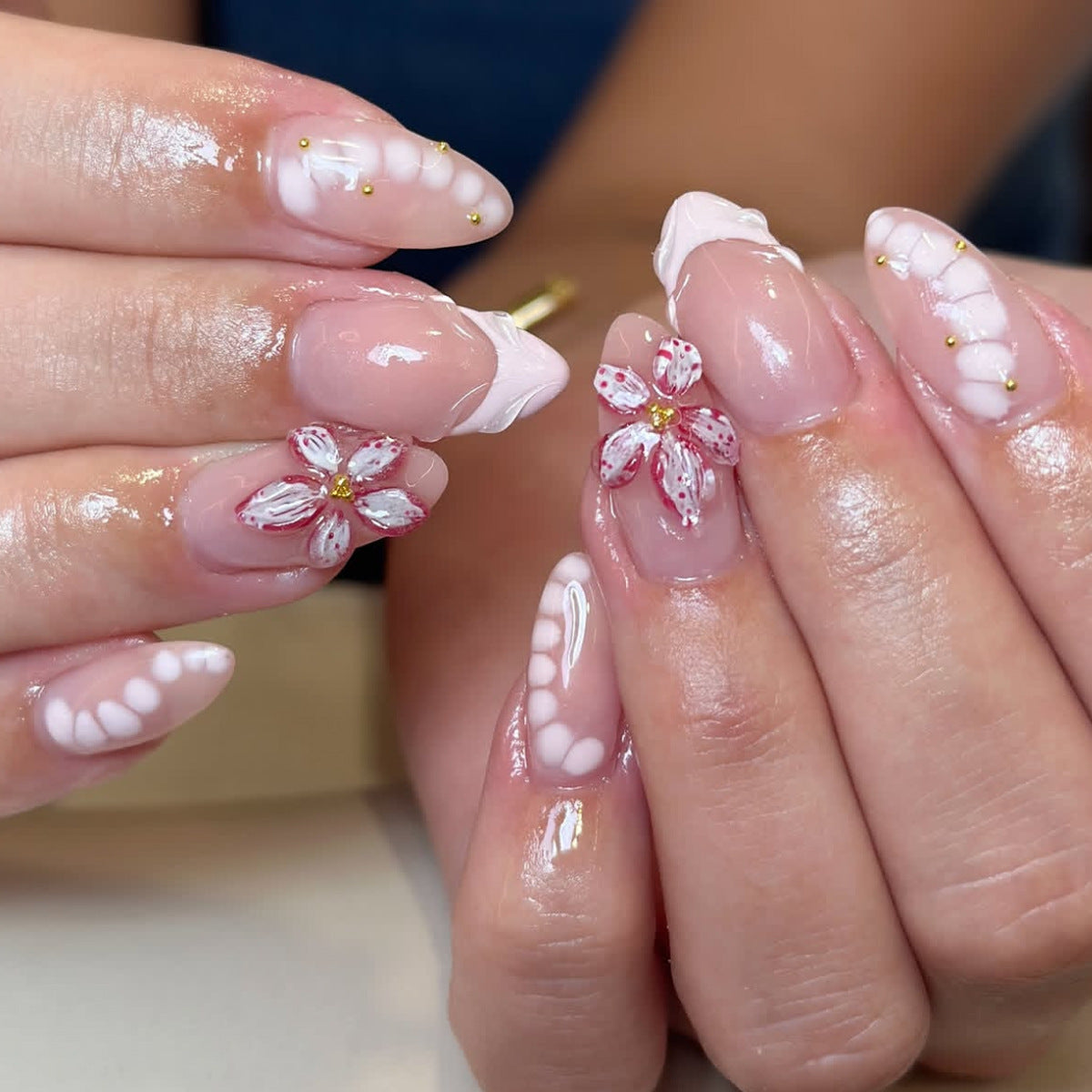 Floral Elegance Long Almond Pink with Artistic Flower Design Press On Nail Set
