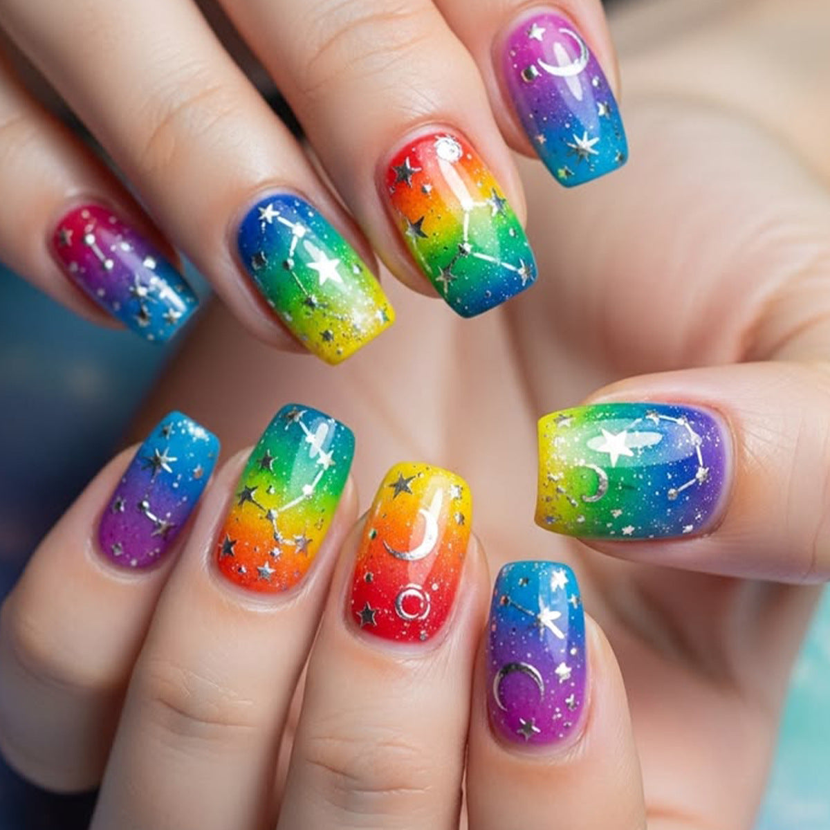 Celestial Dreams Short Square Rainbow Gradient with Metallic Star Accents Press-On Nail Set