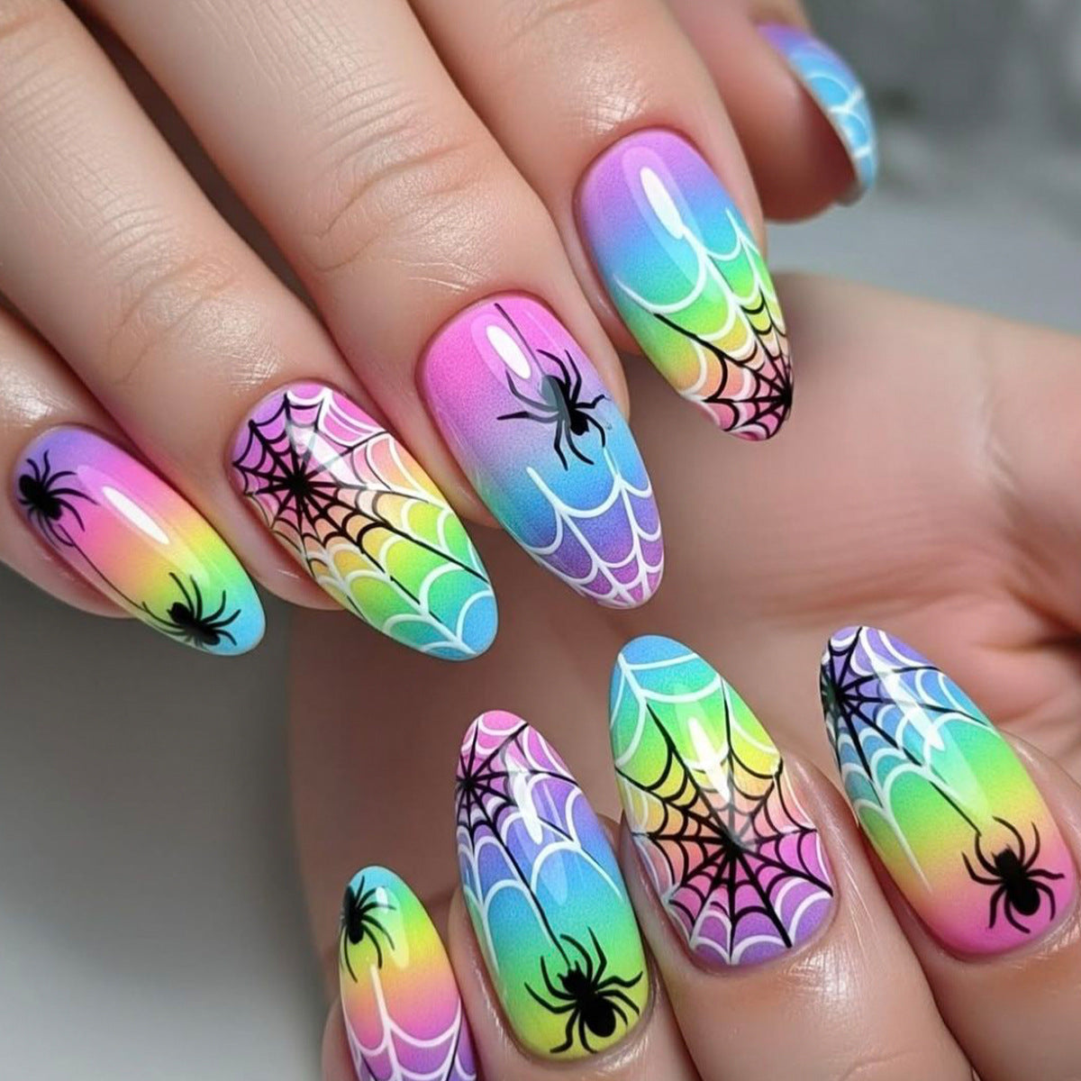 Spooky Rainbow Medium Almond Press On Nail Set with Intricate Spider Web Design