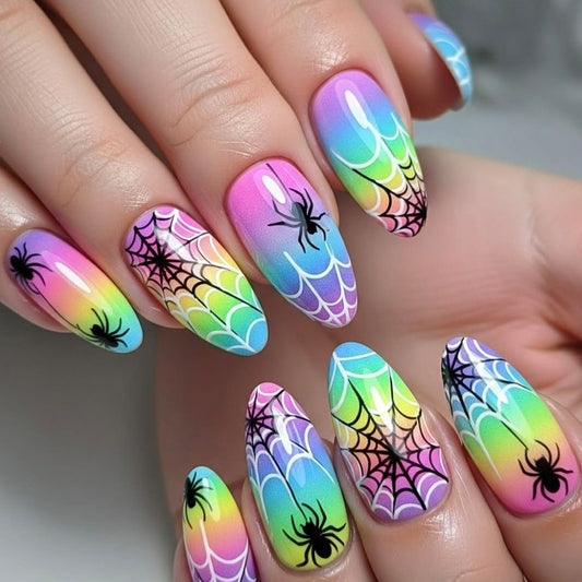 Spooky Rainbow Medium Almond Press On Nail Set with Intricate Spider Web Design