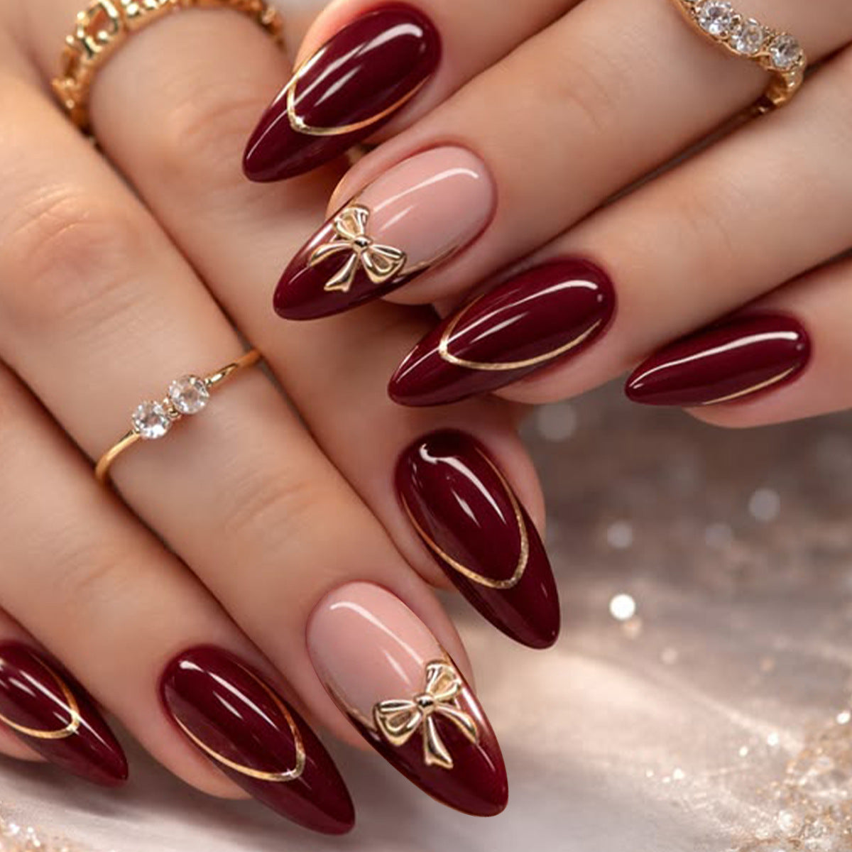 Chic Elegance Medium Almond Burgundy Press On Nail Set with Gold Accents