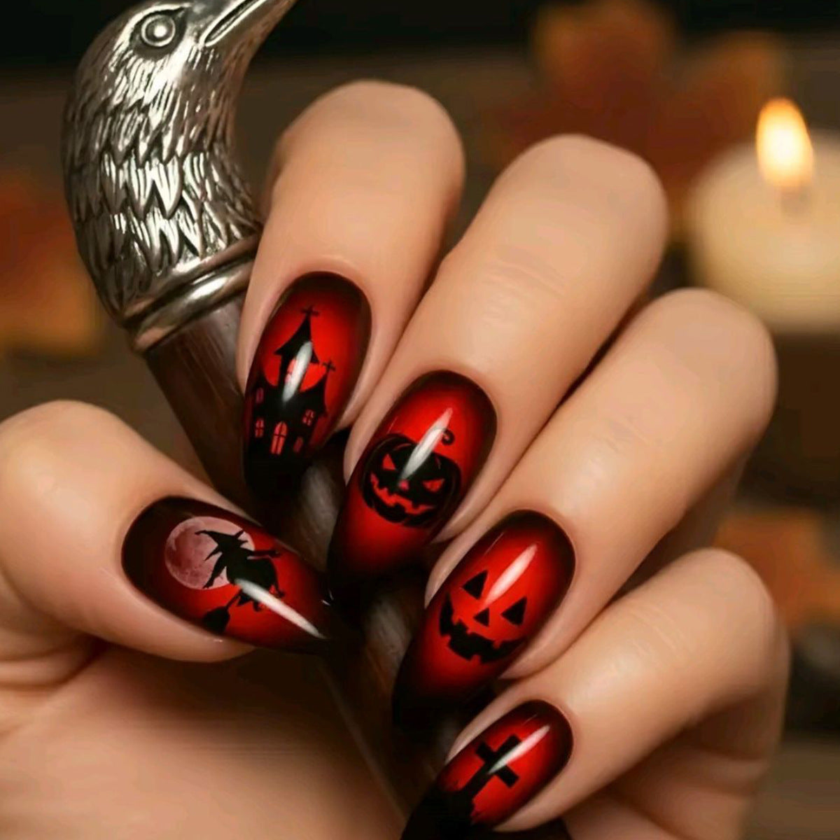 Spooky Elegance Long Almond Red with Halloween Design Press On Nail Set