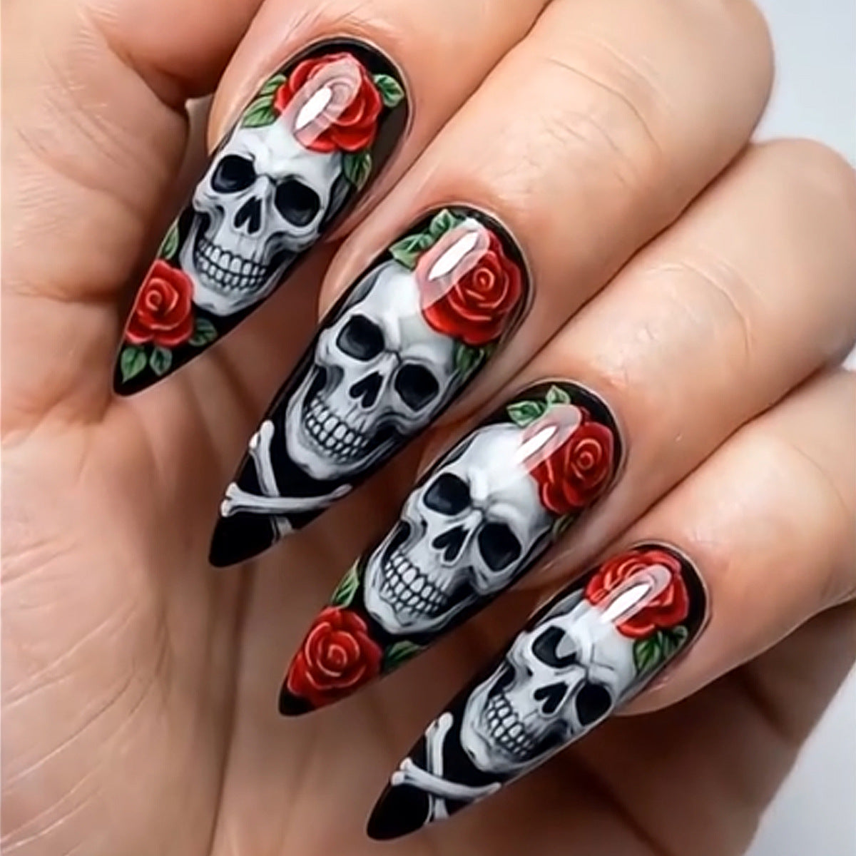 Gothic Elegance Long Almond Black and Red Skull Floral Press on Nail Set