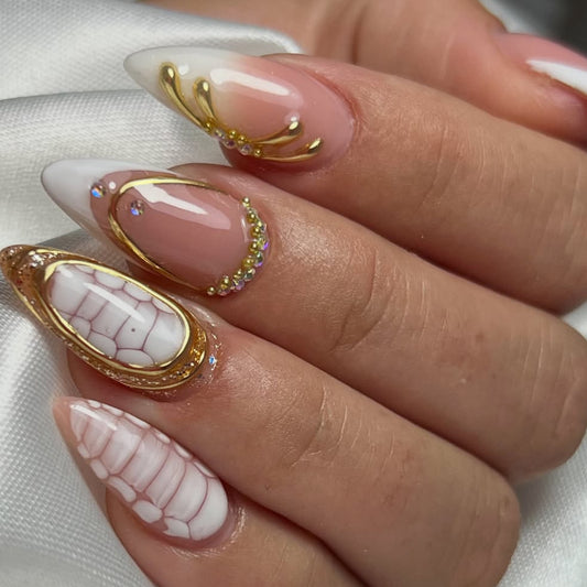 Glamorous Stiletto Long Pink with Gold Accents and Unique Crystal Design Press On Nail Set