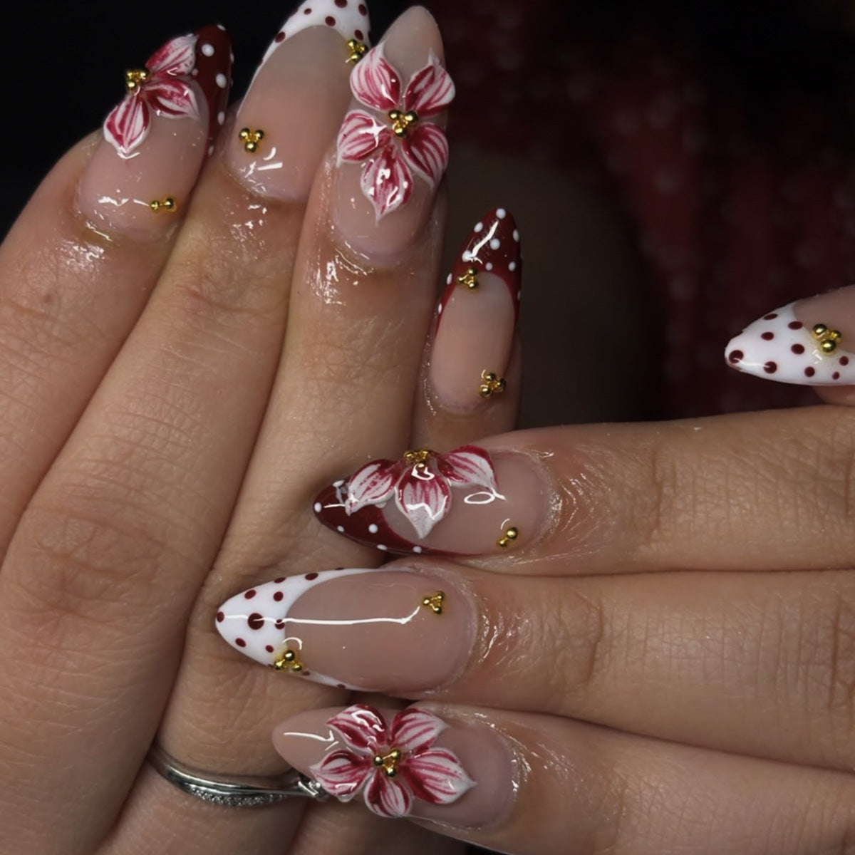 Blossoming Elegance Long Almond Red and White Floral Press On Nail Set