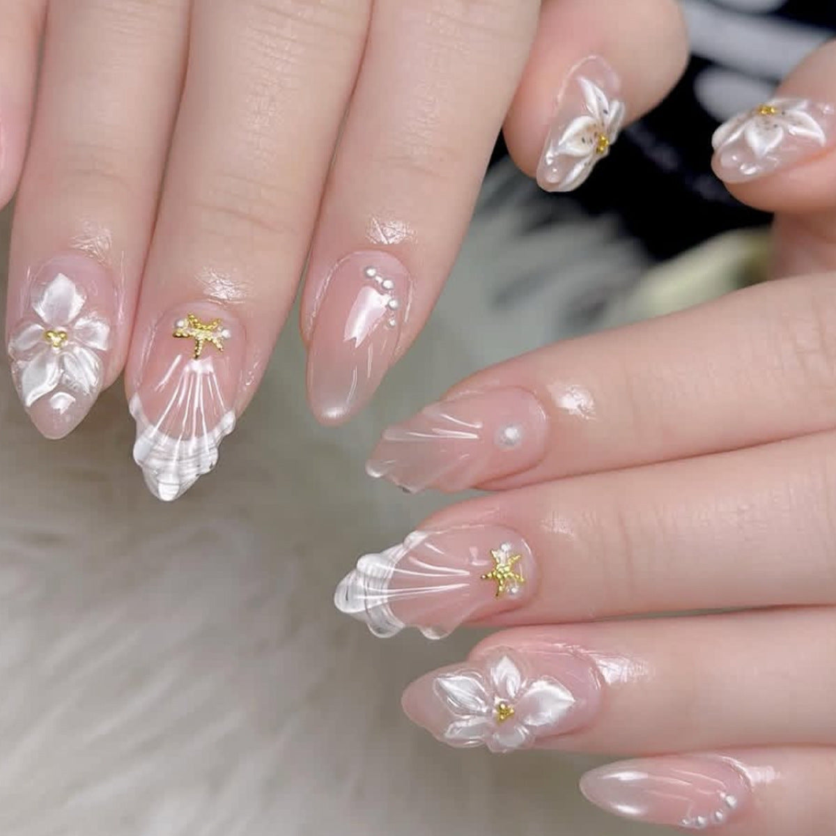 Aquatic Elegance Medium Almond Transparent Shell Floral Design Press On Nail Set