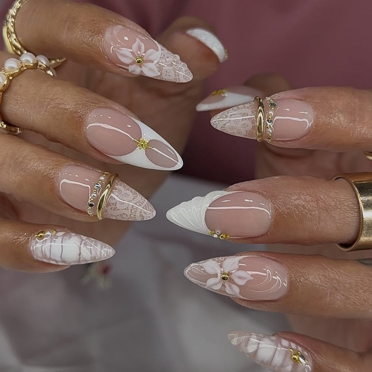 Elegant Floral Fantasy Medium Almond White with Intricate Lace Design Press on Nail Set