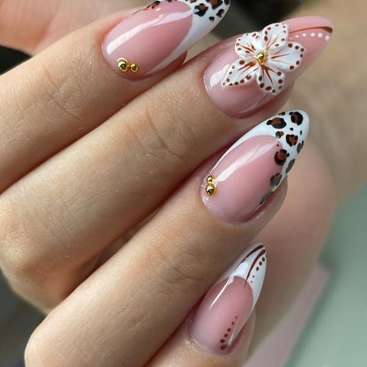 Chic Leopard Design Long Almond Press on Nail Set with Floral Accents and Gold Details