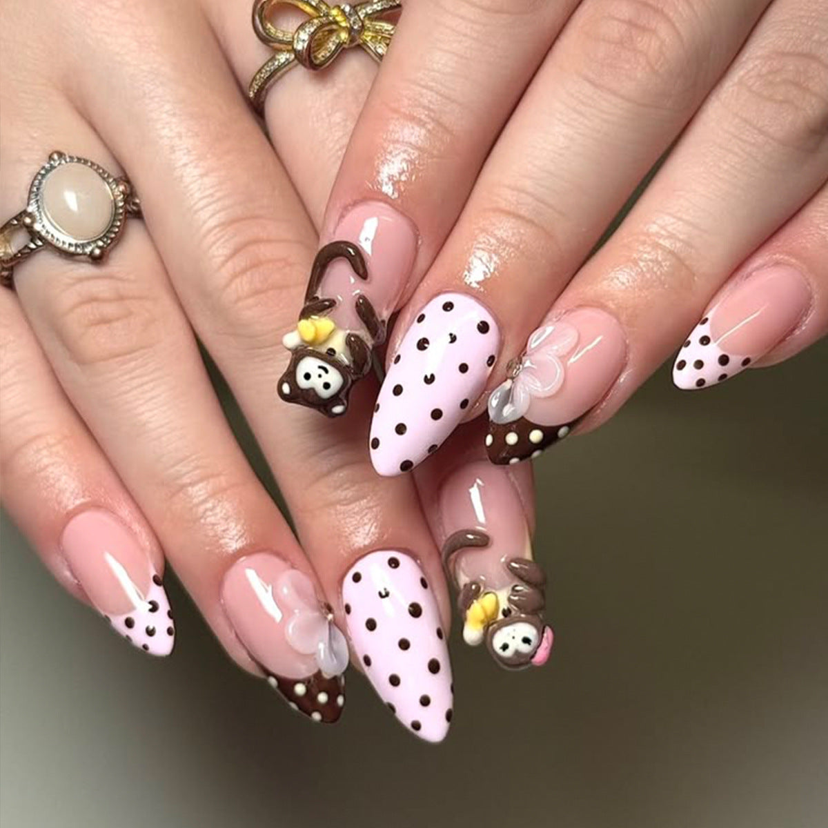 Playful Jungle Adventure Medium Almond Pink with Charming Monkey Accents Nail Set