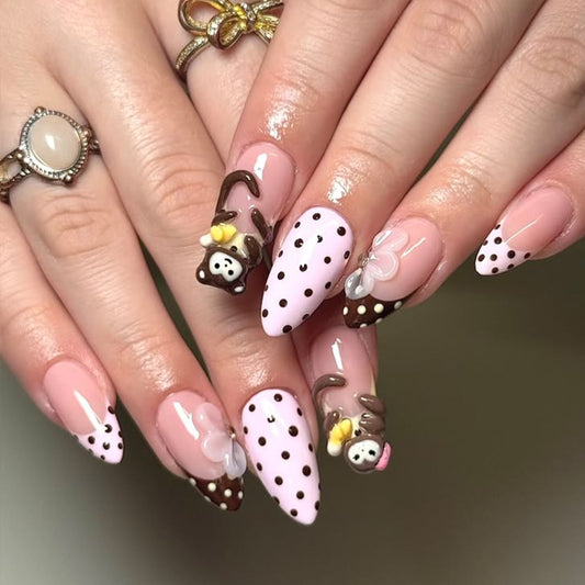 Playful Jungle Adventure Medium Almond Pink with Charming Monkey Accents Nail Set