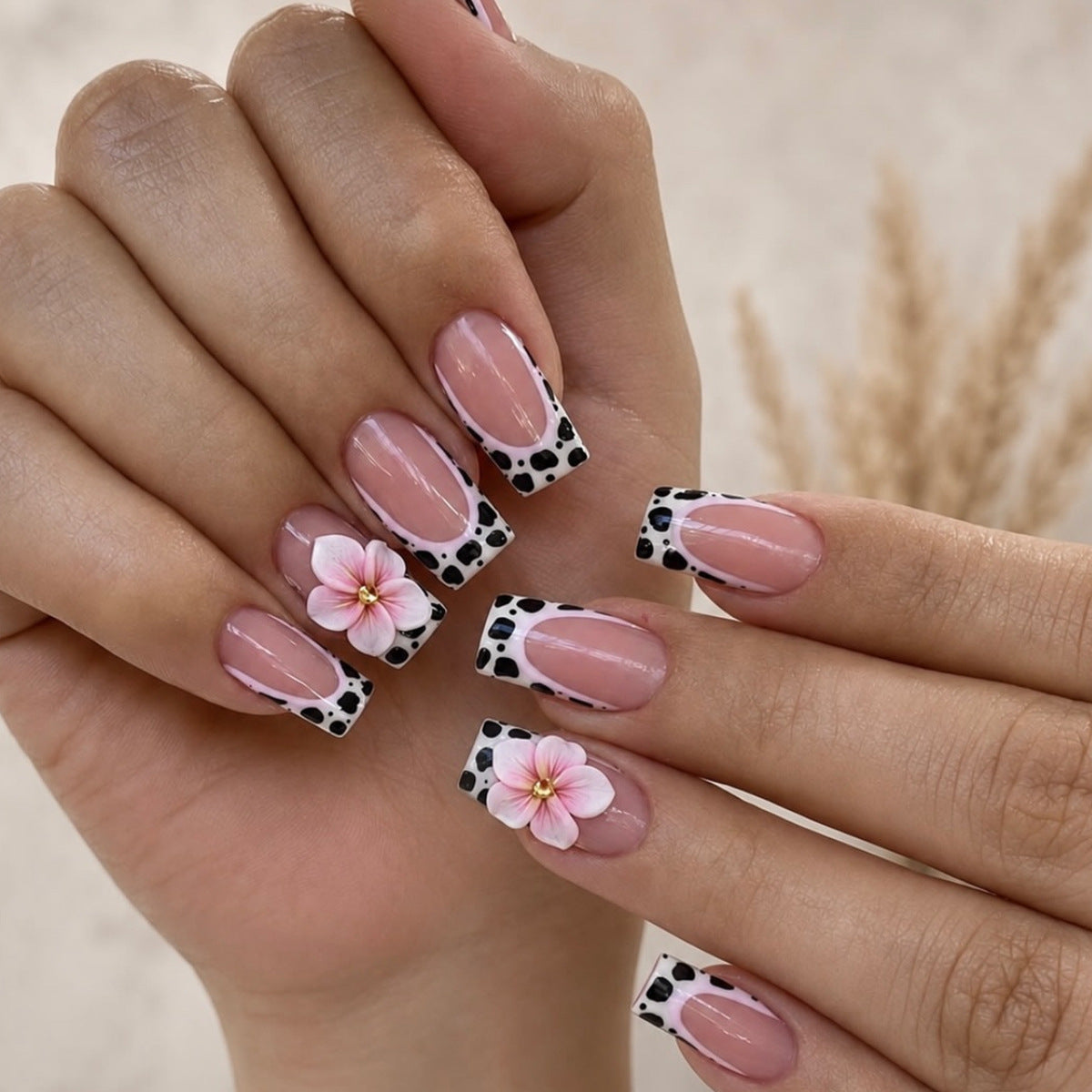 Tropical Elegance Medium Square Pink Floral Design Press On Nail Set