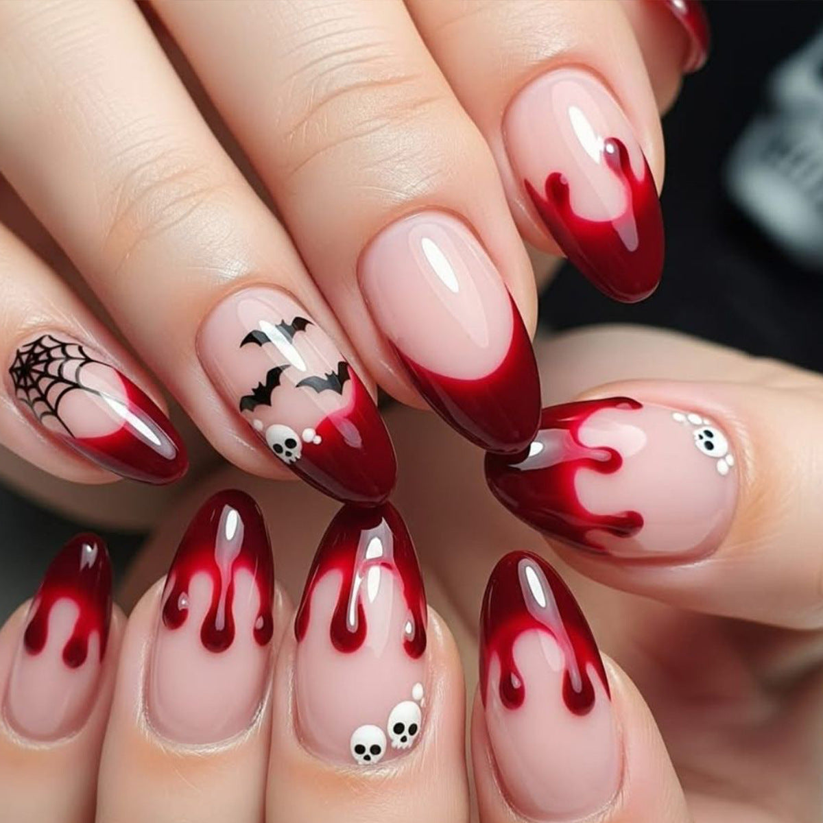 Spooky Gothic Medium Almond Blood Drip Design Press On Nail Set