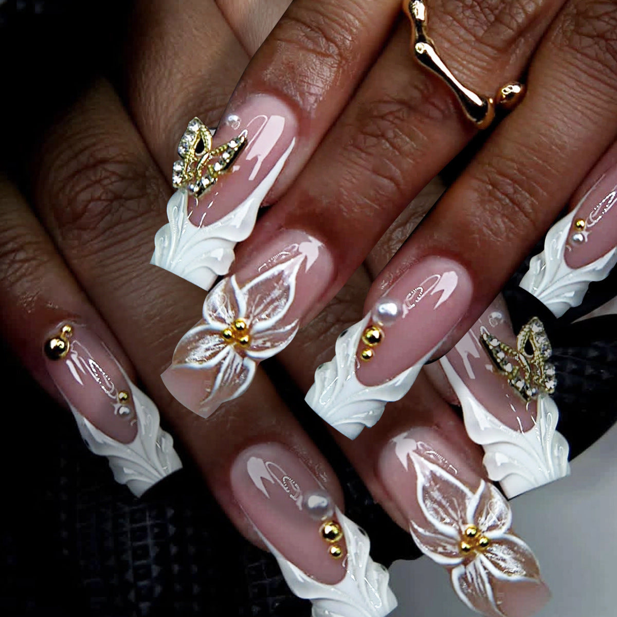 Elegant Floral Dream Long Square White with Butterfly Design Press On Nail Set