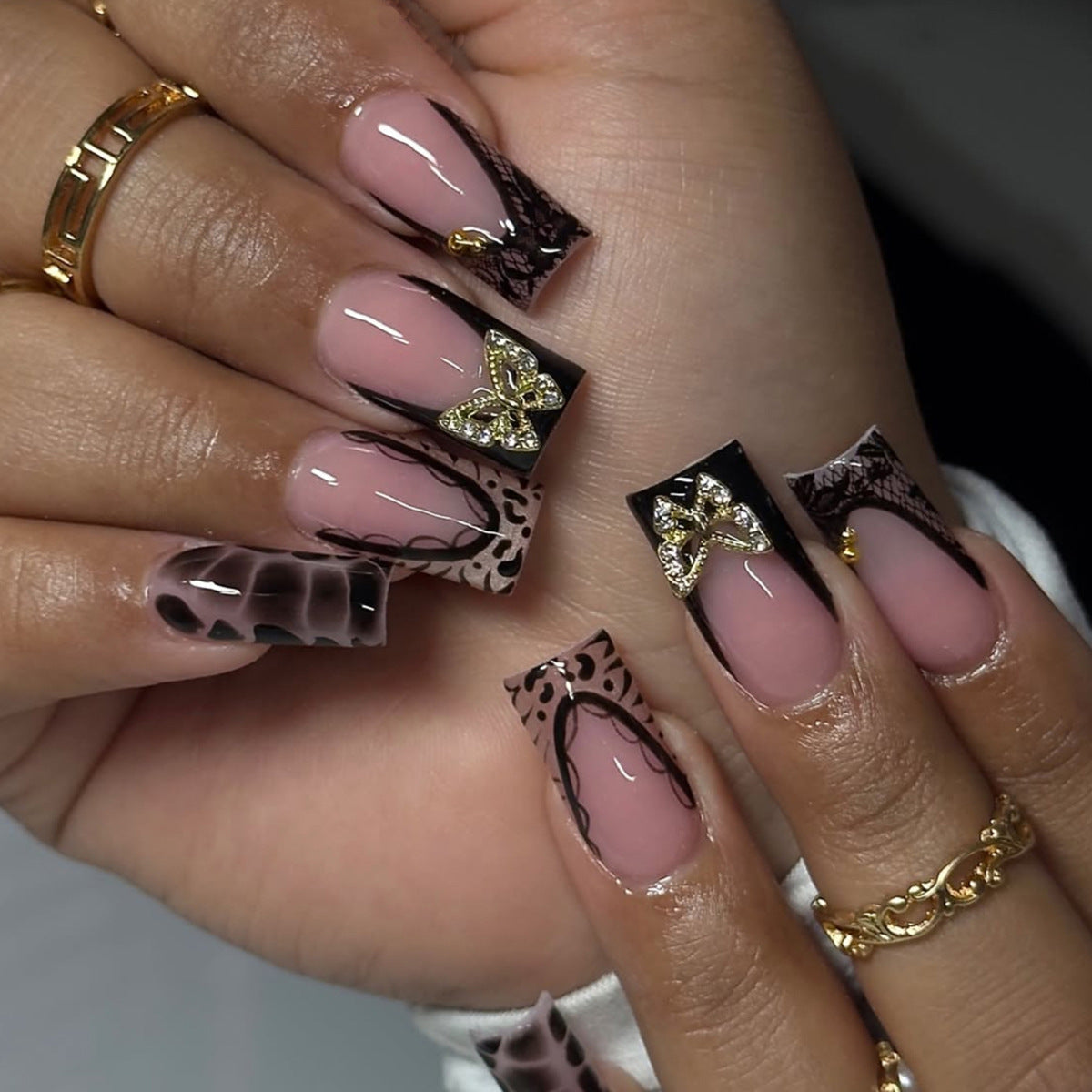 Elegant Glamour Long Square Rose Gold Accents Press On Nail Set
