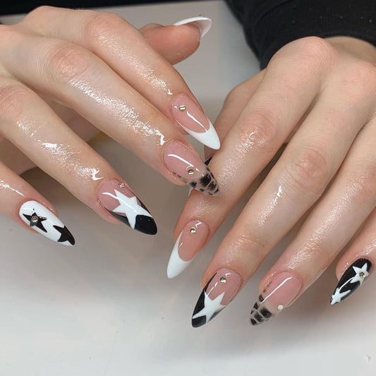 Celestial Glamour Long Almond Press On Nail Set in Beige Black and White with Star and Rhinestone Accents