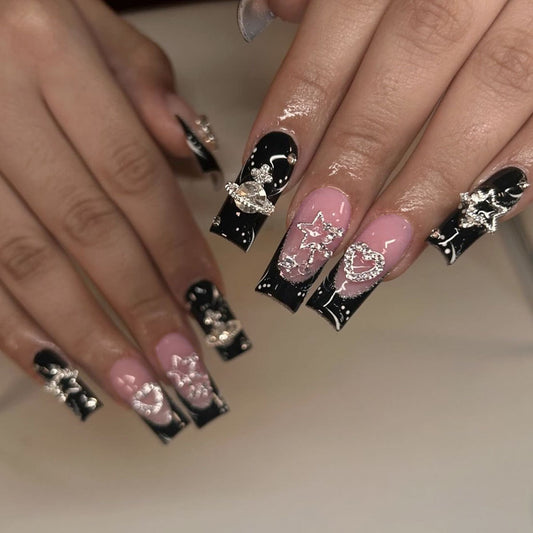 Cosmic Glam Extra Long Square Black and Pink Press On Nail Set with Rhinestone Accents