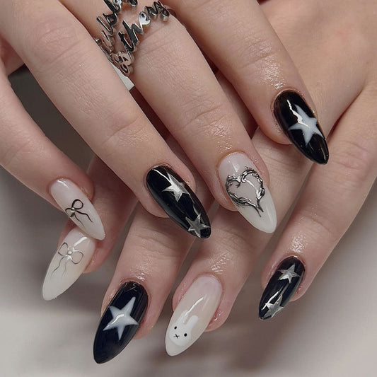 Dreamy Starry Night Long Almond Black and White Press On Nail Set with Whimsical Designs