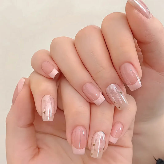 Whimsical Elegance Medium Square Blush Pink Press On Nails with Shimmering Gold Accents