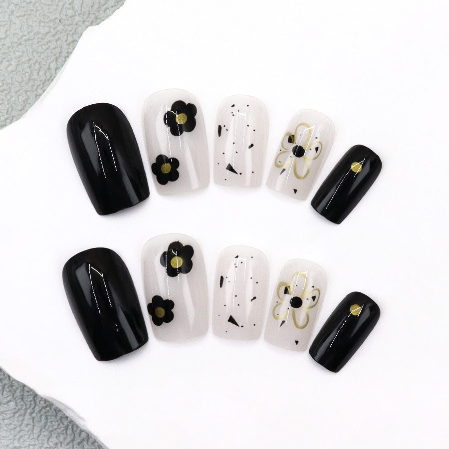 Chic Floral Celebration Short Square Black and Clear Press on Nail Set with Elegant Gold Accents