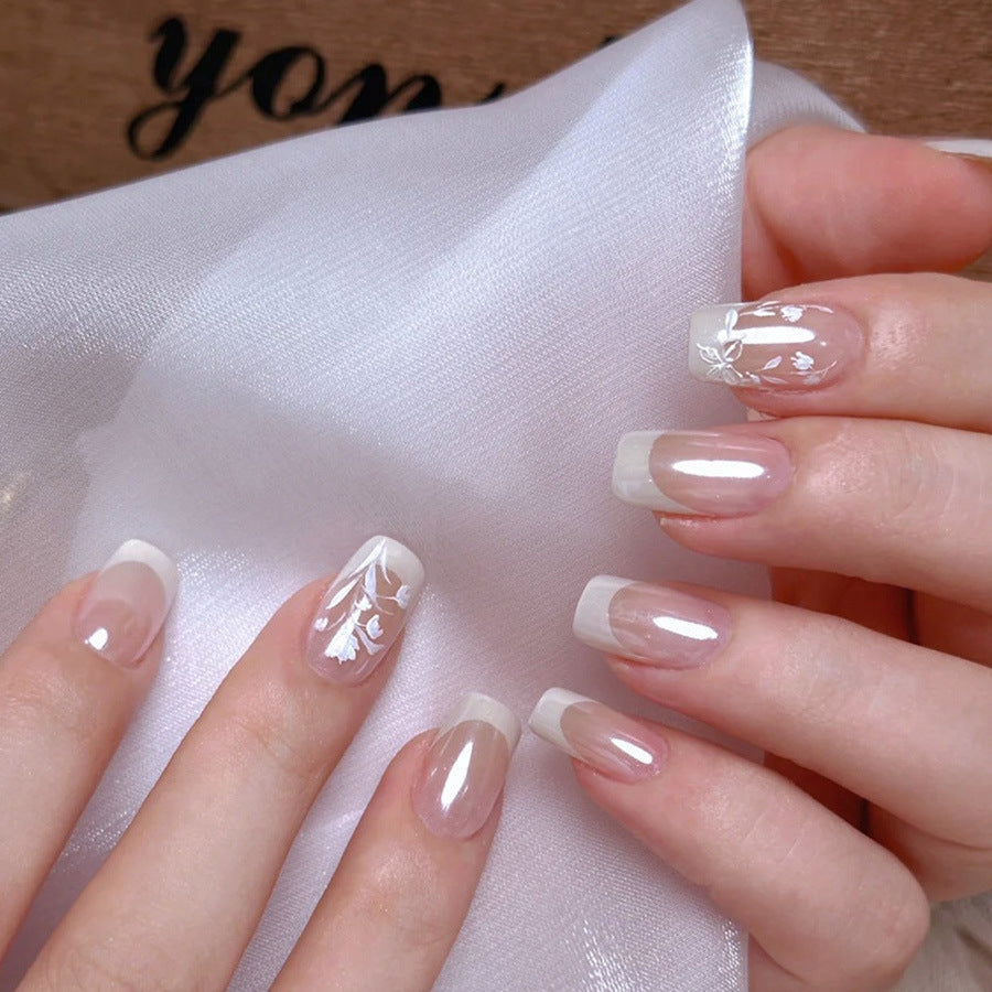 Elegant Garden Chic Medium Square Transparent and White Floral Design Press on Nail Set