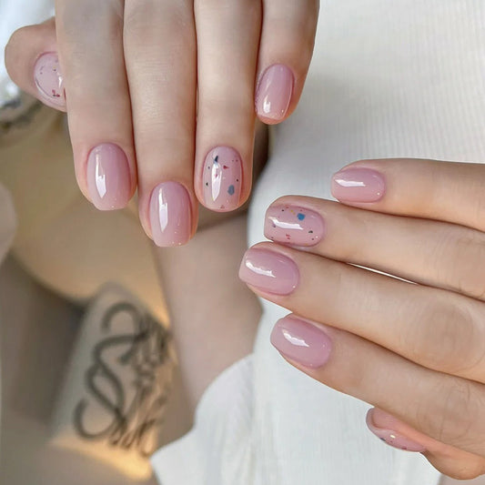 Charming Blossom Short Square Pink Press On Nail Set with Unique Speckled Design