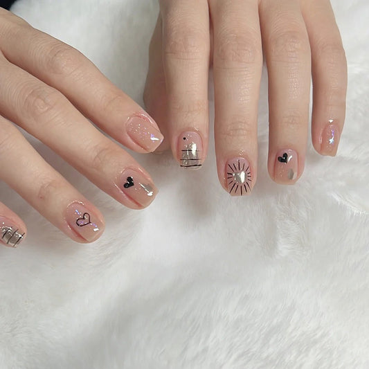 Chic Romance Elegant Medium Square Peach Glittery Design Press-On Nail Set