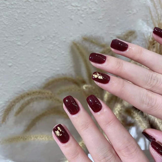 Autumn Chic Perfect Medium Square Deep Red Press On Nail Set with Gold Leaf Accents