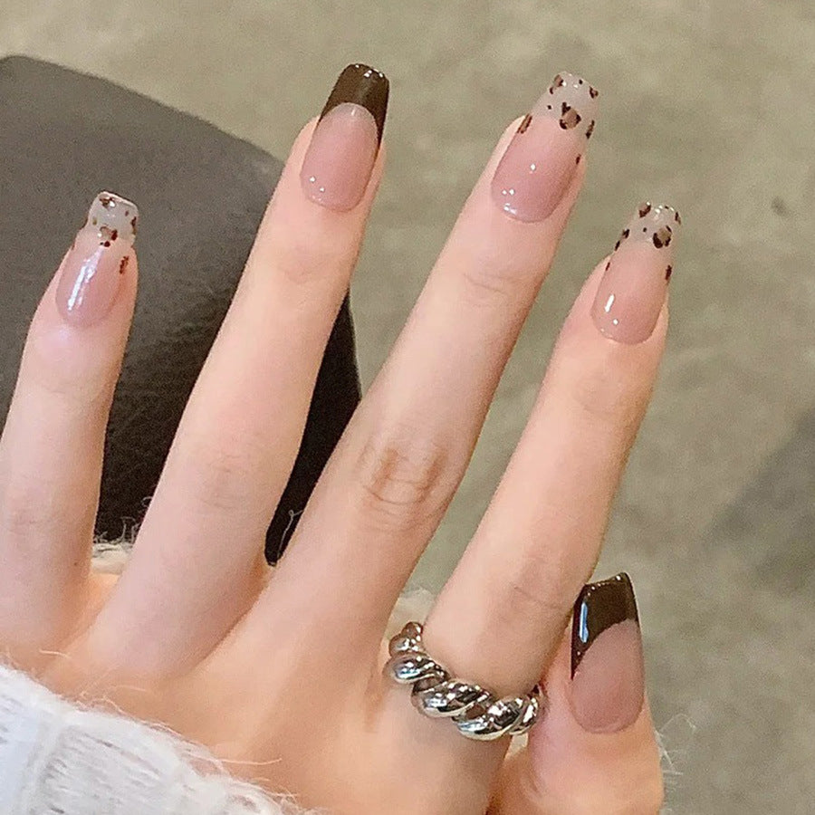 Chic Leopard Inspired Long Square Beige and Brown Press on Nail Set with Unique Animal Print Tips