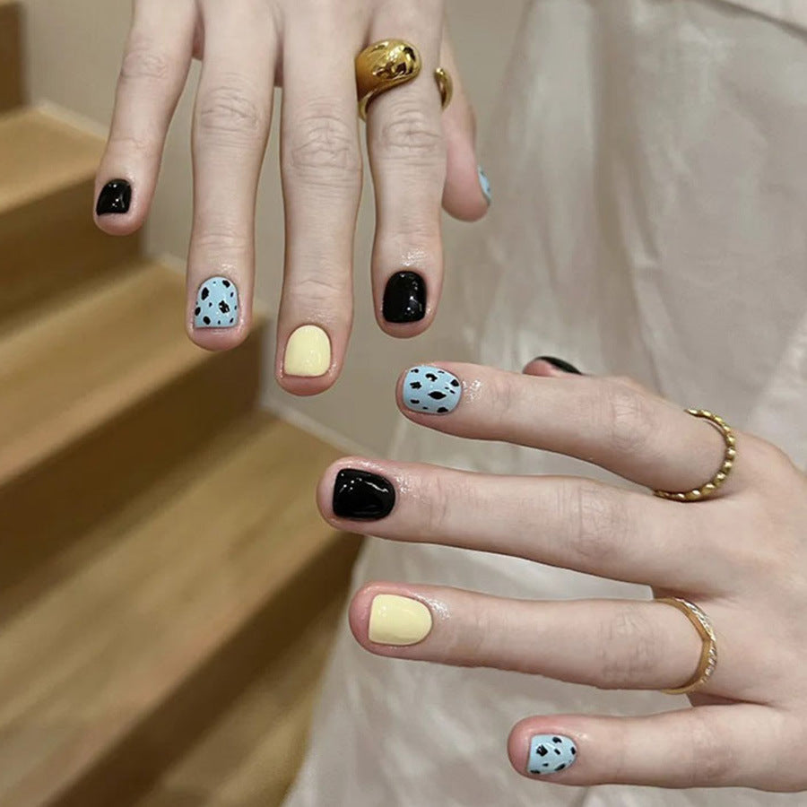 Whimsical Charm Short Square Black Yellow Blue Polka Dot Press On Nail Set