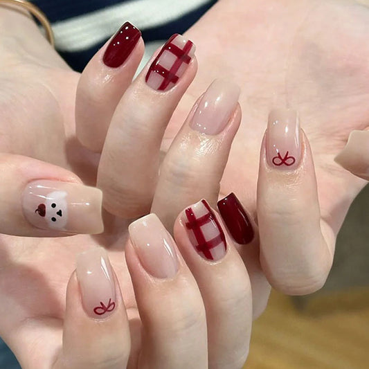 Charming Holiday Elegance Medium Square-Shaped Burgundy and Beige Press-On Nail Set with Festive Designs