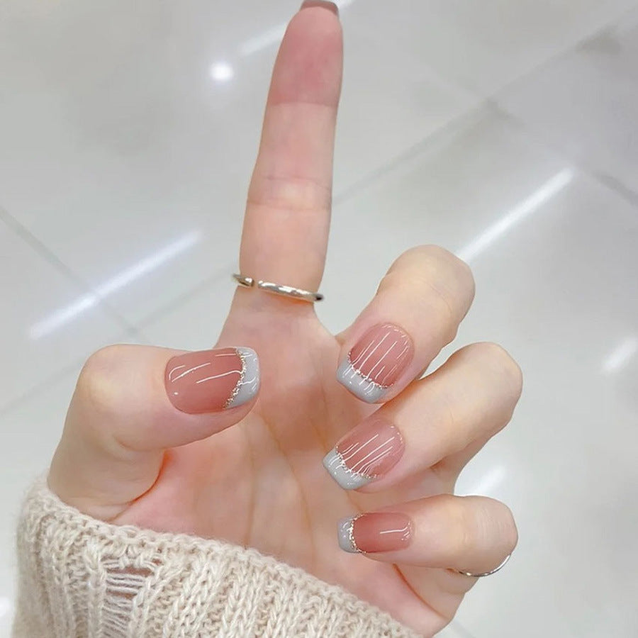 Chic Elegance Short Square Beige with Silver Glitter Tips Press On Nail Set