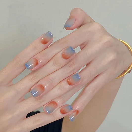 Serenity Inspired Short Square Long Ombre Blue and Orange Gradient Press on Nail Set