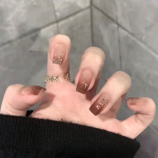 Bohemian Chic Medium Square Brown Ombre Press On Nail Set with Glitter Accents