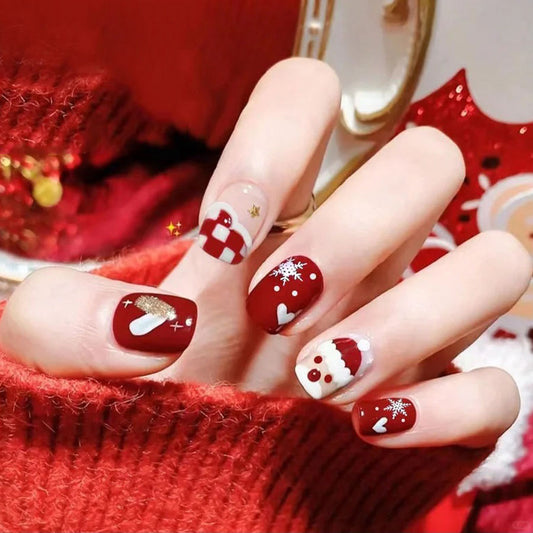 Christmas Cheer Medium Square Red Press On Nail Set with Festive Santa and Snowflake Designs