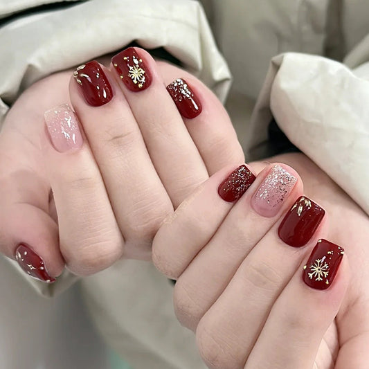 Winter Wonderland Elegant Short Square Red and Pink Gradient Nails with Glitter and Snowflake Accents