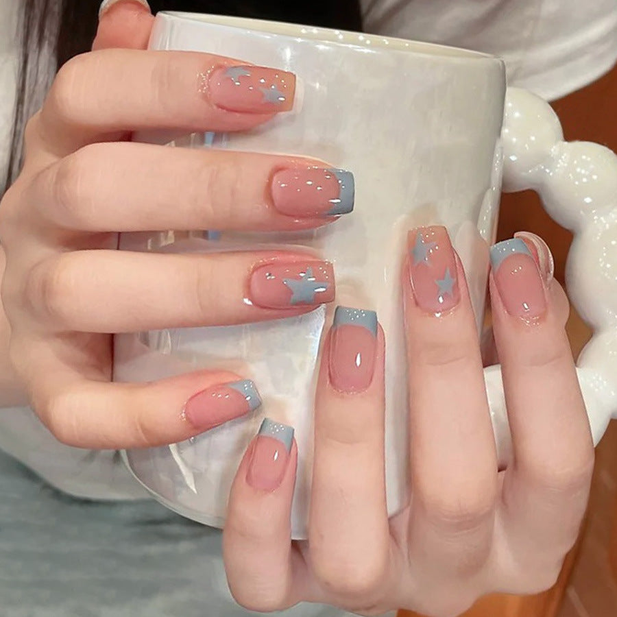 Celestial Dreams Short Square Blush Pink with Blue Tips and Starry Accents Press-On Nail Set