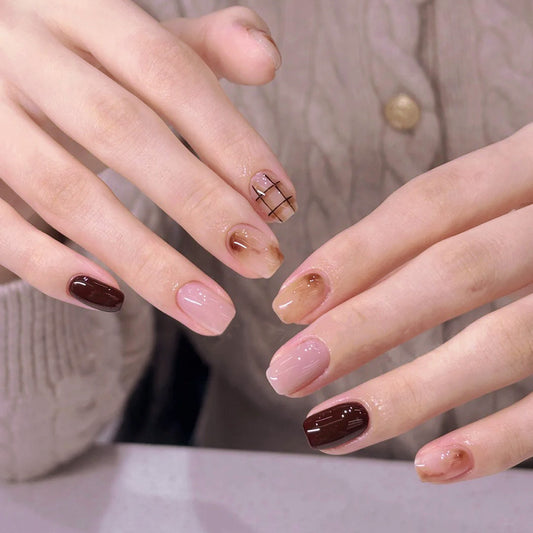 Coffee House Elegance Lengthy Short Coffin Natural Tones with Artistic Grid Design Press on Nail Set