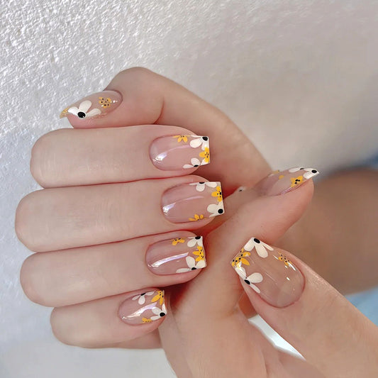 Floral Enchantment Short Square Transparent Yellow and White Flower Design Press On Nail Set