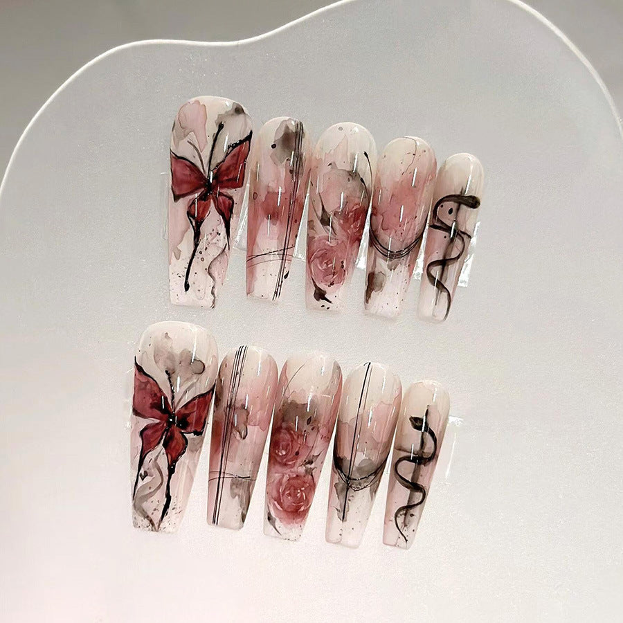 Whimsical Garden Long Coffin Shape Pink Floral Design with Butterfly Accents Press On Nail Set