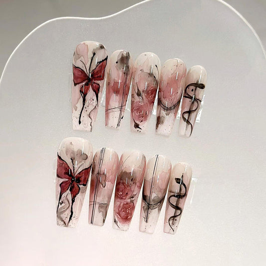 Whimsical Garden Long Coffin Shape Pink Floral Design with Butterfly Accents Press On Nail Set