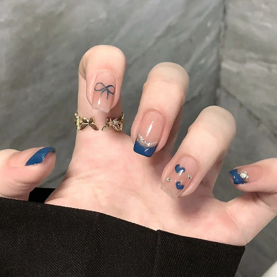 Charming Blue Elegance Medium Square Glossy Nails with Cute Bow and Heart Designs