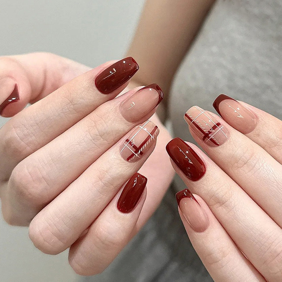Chic Autumn Elegance Medium Coffin Burgundy and Clear Ombre Press-On Nail Set with Geometric Design