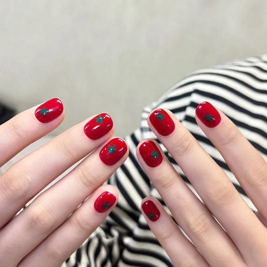 Vibrant Garden Inspired Glossy Short Squoval Red Nail Set with Unique Green Leaf Art Design