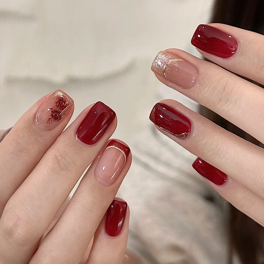 Romantic Elegance Short Square Burgundy and Beige Press on Nail Set with Floral Accent