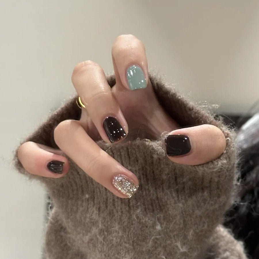 Cozy Elegance Short Square Dark Brown Mint Green and Sparkling Glitter Detail Press On Nail Set